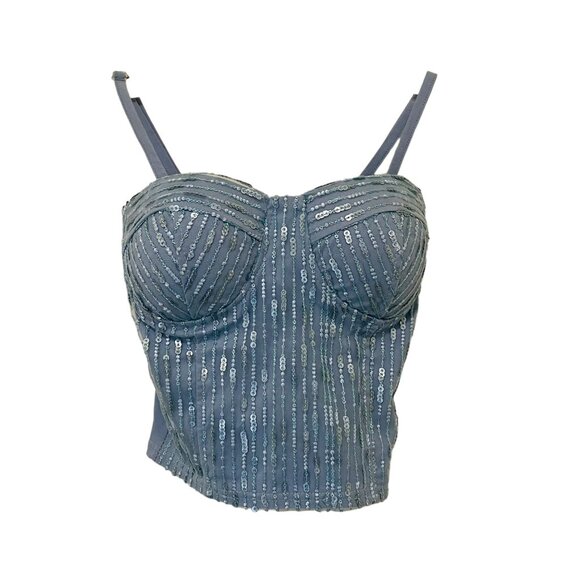 Jezbelroxii Womens Sequin Bustier Crop Top Blue Silver Size Small - Picture 2 of 4
